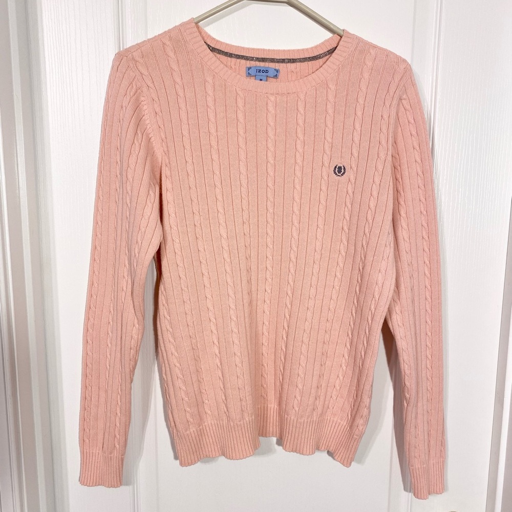 Y2K Izod Cable Knit Cotton Crewneck Sweater Pink Size Medium